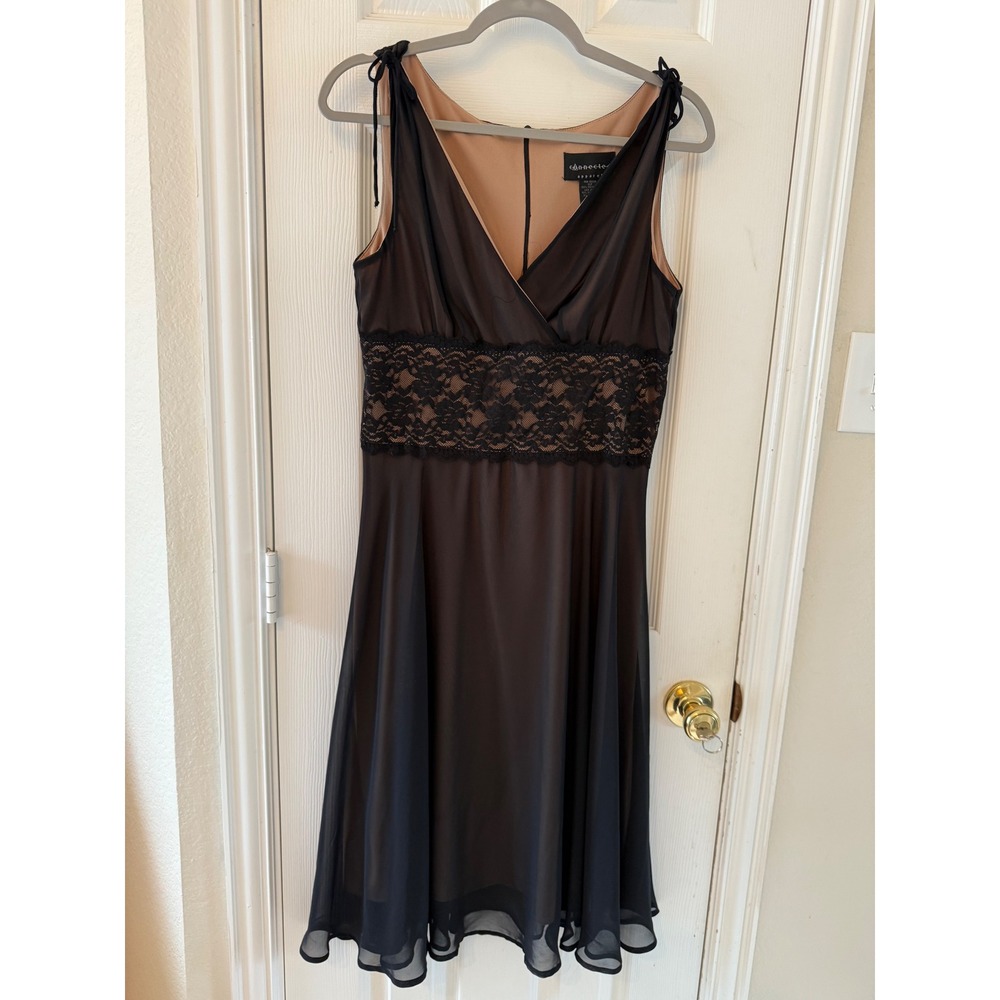 Y2K Connected Apparel Black‎ Lace Chiffon Midi Dress Size 10 Slip Cocktail 2000s
